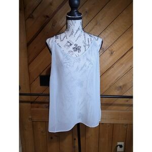 White Navy Polka Dot V-Neck Cami Spaghetti Strap Tank Top Blouse Women Medium
